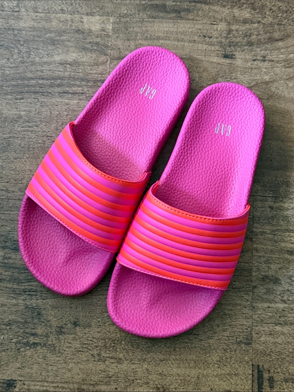 Bright Pink Slide Sandals with Orange Stripes gap slides 6/7